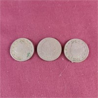 3 V Nickels, 1901, 1903, 1910