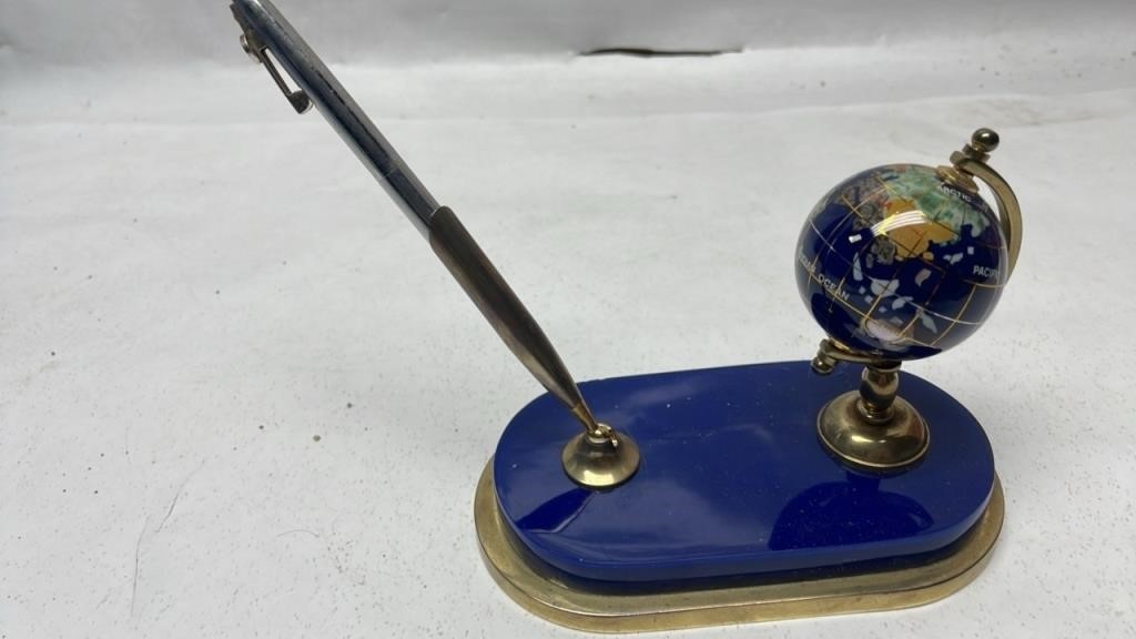 Blue & Brass World Globe Desk Pen Holder