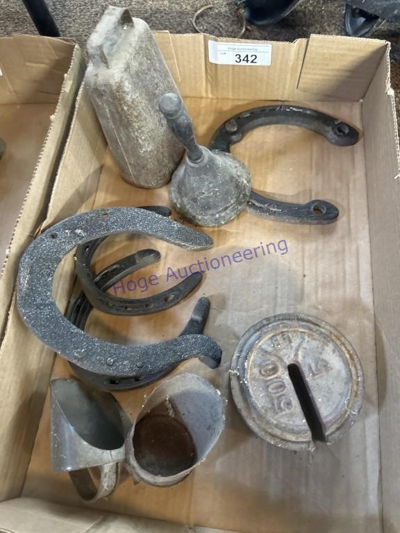 HORSESHOES, COW BELL, SCALE WEIGHT, ON PATIO