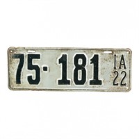 Iowa 1922 License Plate