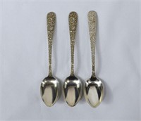 3 1828 S Kirk REPOUSSE Sterling Silver Teaspoons