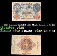 1914 Germany (WWI Era) 20 Marks Banknote P# 46b Gr