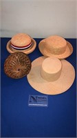 3 straw hats and basket