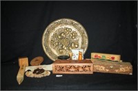 Carved Wood Tissue Box; Bronze Charger Plate;