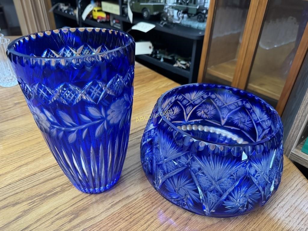 Bohemian lead crystal vase and bowl