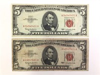 2 US Currency $5 Bills, Red Seal Notes