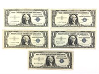 5 US Currency 1957 $1 Silver Certifi. Incl 1 Star