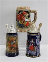 3pc German Porcelain Beer Steins 5"h - 7"h