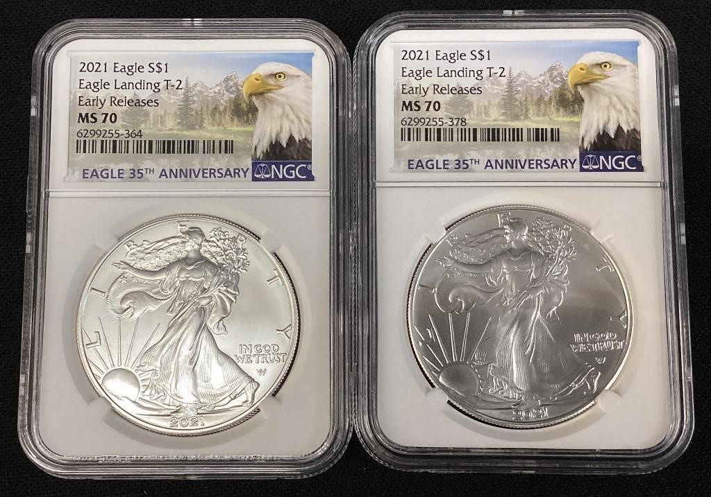 (2) 2021 SILVER AMERICAN EAGLES, EAGLE LANDING