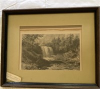 Framed Antique Waterfall Artwork