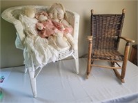 Wicker chair/ child's rocker/ fabric dolls