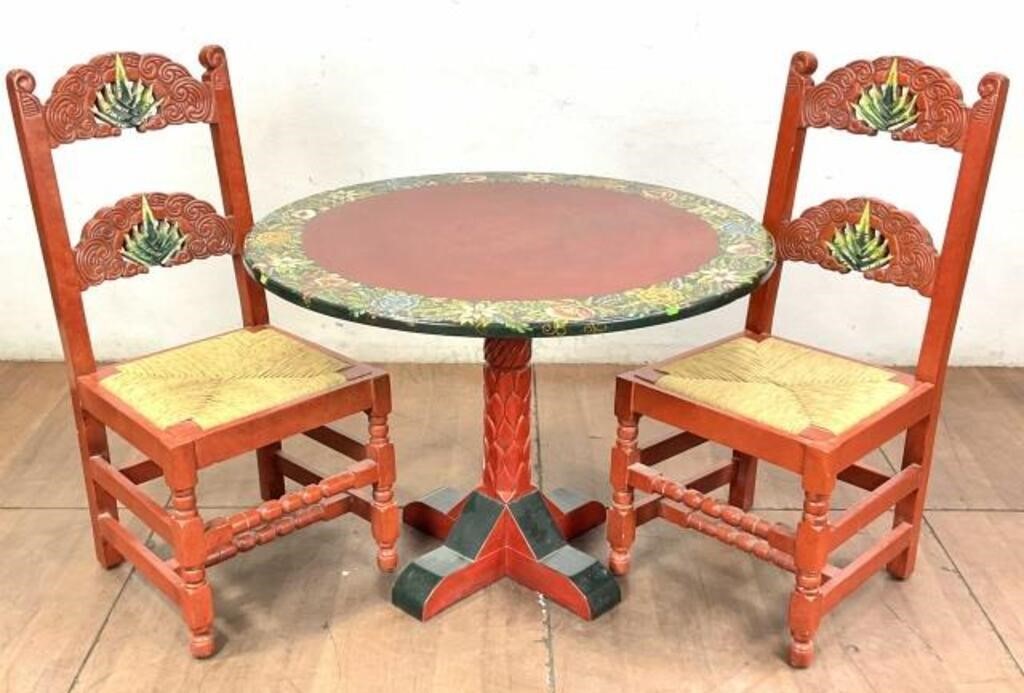 (3pc) Mexican Hand Painted Wood Dining Group