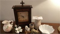 Mantle Clock, plastic zebra & elephant, stone jar