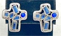 Silver Blue Stone Cross Earrings