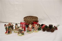6 Ceramic Santa Figures w/ Basket & Faux Pinecones