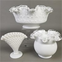 3 Piece Lot Ruffle Milk Glass Vases Including