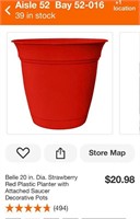 Belle 20in Strawberry Red Plastic Planter