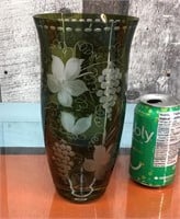 Green etched glass vase