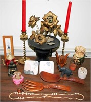 Onyx Elephant, Wood Objects, Brass Candlesticks
