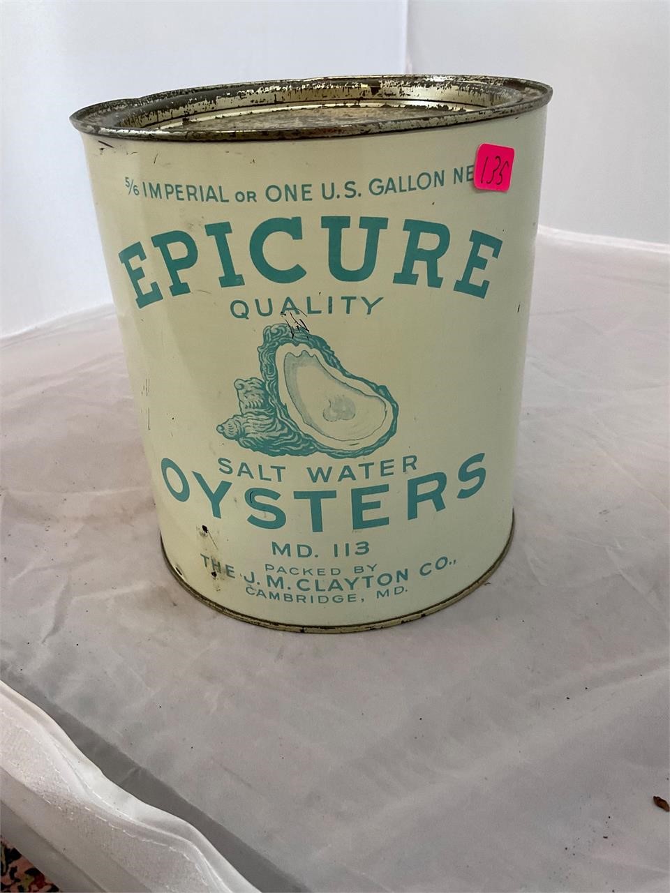 Epicure J M Clayton Cambridge MD Gallon Oyster Can