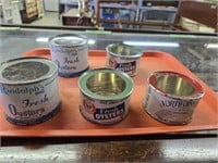 Five small oyster tins, 8 oz. And 12 oz