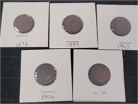 5 INDIAN HEAD CENTS, 1876, 1899, 1903, 1903, 1X