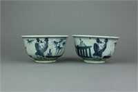 Pair Chinese Ming Style B&W Porcelain Bowls