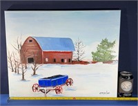 Oil on canvas signed C.Madin barn and wagon