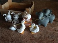 Figurines:  Elephant banks, geese, rabbits, etc.