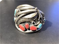 VINTAGE NAVAJO CORAL AND TURQUOISE SIVER CUFF