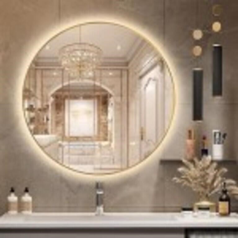24" LED Backlit Round Mirror for Bathroom, Gold