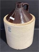 Vtg 2 gallon handled crock jug 14" h