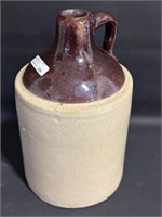 Vtg. 10" brown& beige Stone crock handled jug