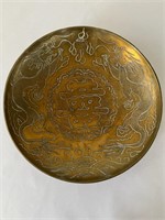 Heavy Old Chinese Shallow Brass Bowl Ornate