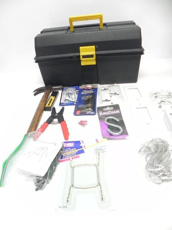 TOOL BOX W/ ASSTD TOOLS - HAMMER, PLATE HOLDER ETC