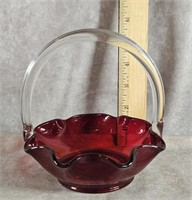 RUBY RED AND CRYSTAL GLASS BASKET WITH HANDLE