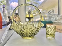 Fenton Colonial Green Hobnail Basket & Toothpick