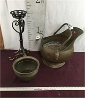 Vintage Brass Ash Bucket, Metal Stand, Pot
