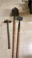 Long handled shovel, hoe and a metal handled