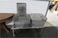 ANTIQUE WASH TUBS & STAND / METAL SCRUB BOARD