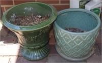 (2) Ceramic Planters w/ Vtg Green Glaze Pottery