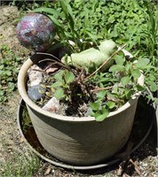 Outdoor Potted Plant w/ Ball & Ceramic Bird, rocks