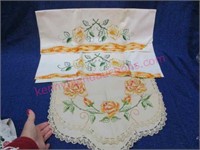 (2) embroidered pillow cases & dresser runner