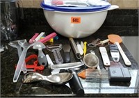 Tupperware party bowl, kitchen utensils, gadgets