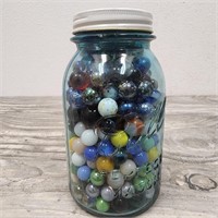 Vintage Blue Ball Mason Jar Full of Marbles!