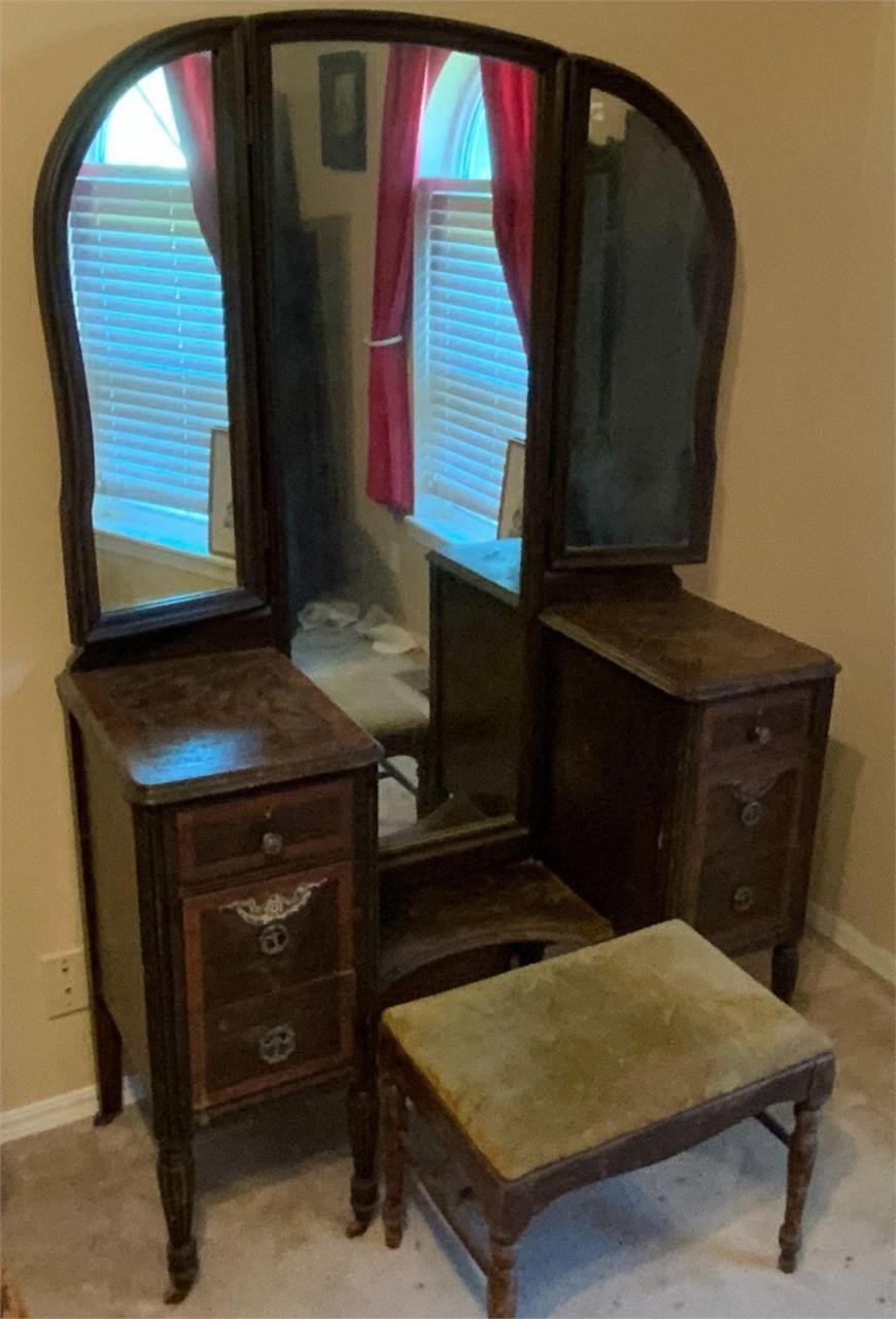 Antique Triple Mirror Vanity & Bench