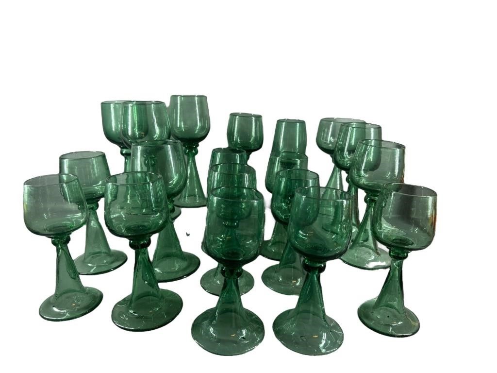 A Collection Of Vintage Green Handblown Stemware.