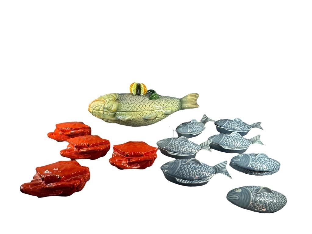 A Collection Of Vintage Fish & Crab Form Covered