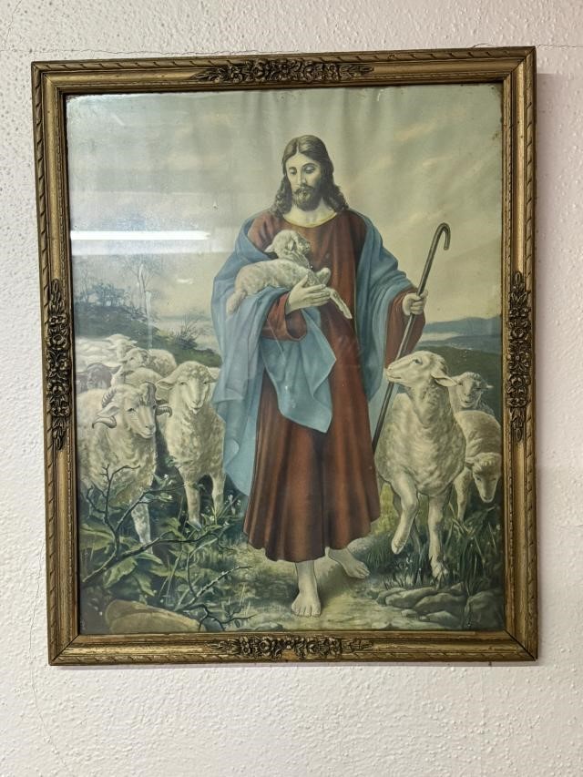 Jesus with Lambs Print in Wood Frame 22 x 18 Inche