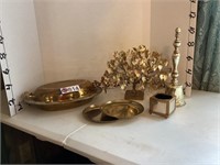 Brass platter, serving plates, bell and tree